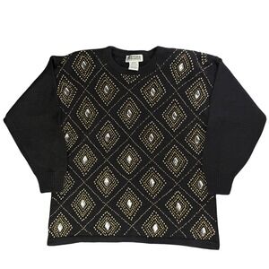 Vintage Western Connection Beaded Sweater Black Gold Diamond‎ Knit Womens Medium